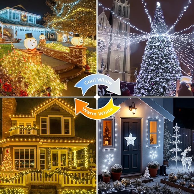 Solar Fairy Lights, 2 Pack Total 400LED 144FT Warm White to Cool White | Waterproof Color Changing Solar String Lights Outdoor, Copper Wire, 8 Modes Solar Twinkle Lights for Tree Garden Yard Decor