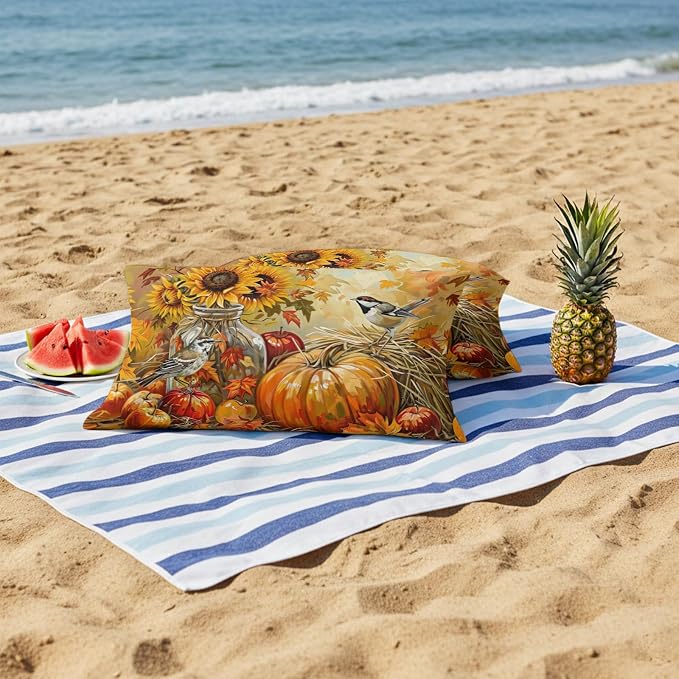 Fall Pumpkins Outdoor Pillow Covers 20x12 Inch Lumbar Pillow Covers Set of 2 Waterproof Decorative Throw Pillow Cases Sunflowers Birds Thanksgiving Oil Painting Cushion Covers for Patio Furniture
