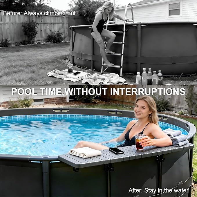 Poolside Bar Table for Above Ground Pool, 49.4x9.6 Outdoor Hanging Swim-Up Table, Holds 110 lbs, Weather-Resistant Easy-Clean, Fits Round/Oval Pools Swimming Pool Accessories, Dark Gray
