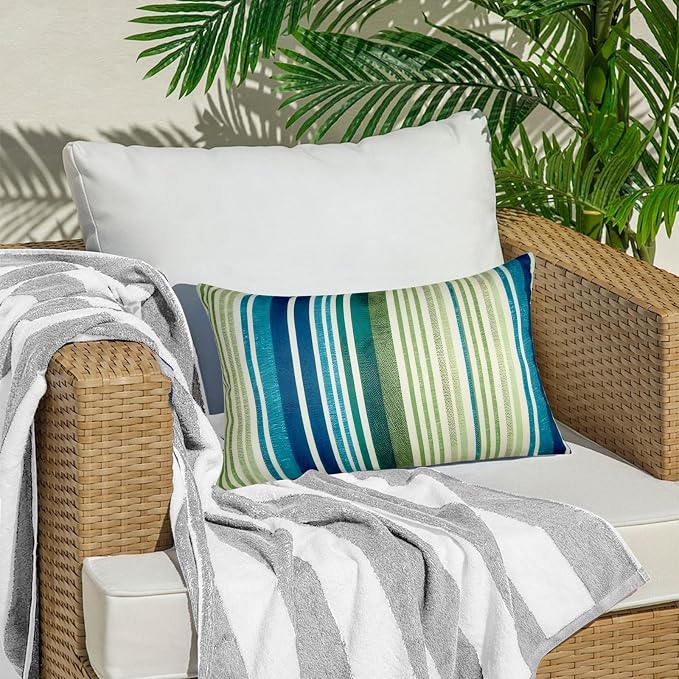 12x20 Waterproof Outdoor Pillows, Set of 2 Outdoor Lumbar Pillows | Patio Furniture Pillows, Decorative Throw Pillows, Waterproof & Fade Resistant, Removable & Washable, Stripe Blue Green