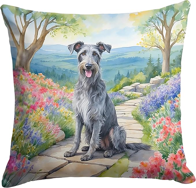 Caroline's Treasures Scottish Deerhound Spring Path Throw Pillow Machine Washable, Indoor Outdoor Decorative Pillow for Couch, Bed or Patio, 14Hx14W
