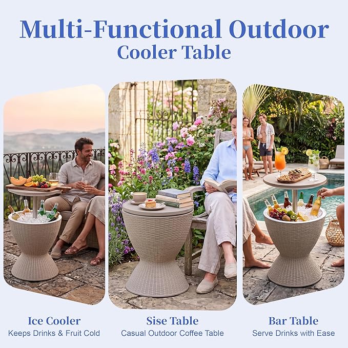 EFU Cooler Table, 8 Gallon Cooler Bar Table, Adjustable Height Multi-Functional Outdoor Cool Bar for Drinks Beer & Wine, with Drain Plug, Patio Furniture for Backyard, Pool, BBQ & Party (Light Brown)