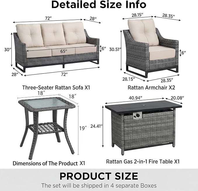 5-Piece Patio Furniture Set, Rattan Wicker Patio Set with Two Outdoor Chairs and Table, Wicker Rattan Outdoor Sofa Set with with Comfy Cushions for for Porch, Garden Poolside Balcon