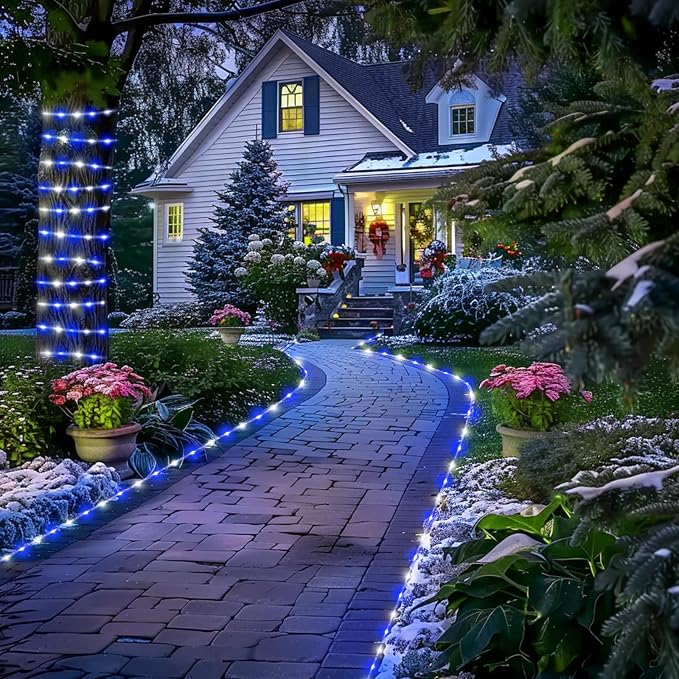 JMEXSUSS 66ft 200 LED Blue and White Solar Rope Lights for Christmas Decor | IP 65 Outdoor Waterproof Christmas Rope Lights with 8 Modes, Solar Christmas Lights for Fence Yard Walkway Christmas