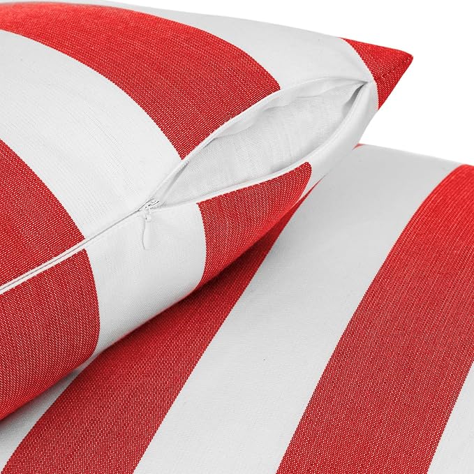Sherry Kline Cabana Stripe Outdoor Throw Pillow Set of 2, 18x18 Inch Knife Edge Reversible Decorative Cushions, Indoor Outdoor Patio Accent Pillows, Made in USA - Red/White