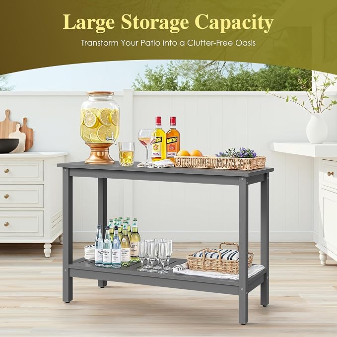 Wooden Console Table, 48in 2-Shelf Solid Wood Patio Side Table, Indoor Outdoor Buffet Bar Organizer with Foot Sliders (Grey)