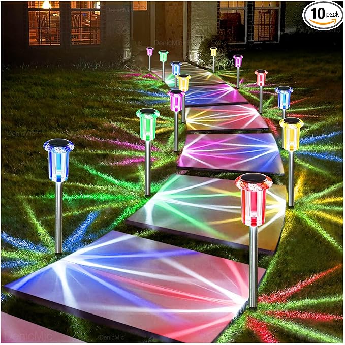 DenicMic Outdoor Solar Lights Waterproof 10 Pack Color LED Christmas Decor | Pathway Yard Garden Driveway Landscape Path Lighting - Candy Cane Style Starburst Light Pattern, Acrylic/Stainless Steel