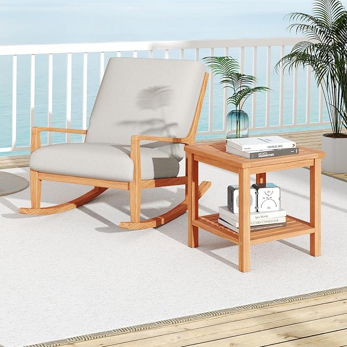 HAPPYGRILL Acacia Wood Outdoor Side Table, 2-Tier Indoor End Table with Spacious Tabletop and Slatted Storage Rack, Square Wood Table for Poolside, Living Room, Porch, Balcony and Garden (2)