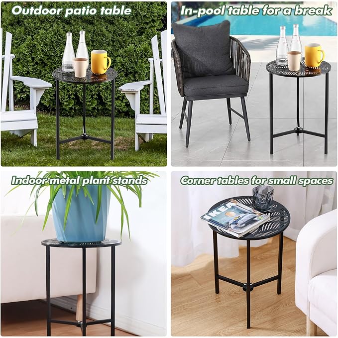 Party Zealot Set of 2 Small Round Metal Side Tables 13 Inches Black Outdoor End Tables for Patio, Balcony, Porch or Garden – Weather-Resistant Corner Coffee Table for Small Spaces & Indoor Plant Stand