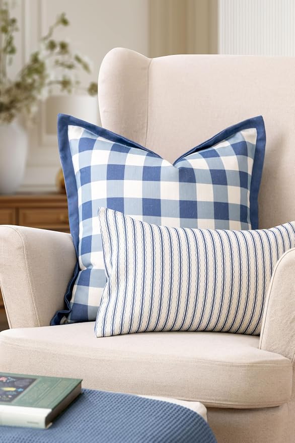 California Casual Coastal Indoor Outdoor Lumbar Pillow Cover, 12"x20" Water Repellent for Patio, Backyard, Couch, Poolside, Azure Blue Print Wave Stripes