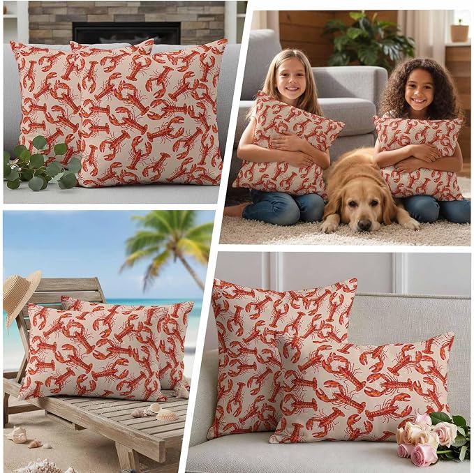 Summer Marine Life Outdoor Waterproof Throw Pillow Covers 18"x18" Set of 2, Farmhouse Red Lobster Decorative Garden Pillowcase with Zipper Cushion Case for Patio Couch Tent