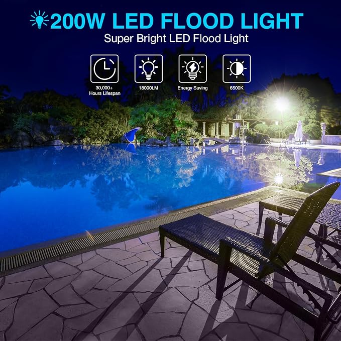Olafus 2 Pack 200W LED Flood Light Outdoor, 18000LM Super Bright IP66 Waterproof Exterior Security Lights with Plug, 6500K Daylight White Exterior Floodlights for Stadium Yard Barn
