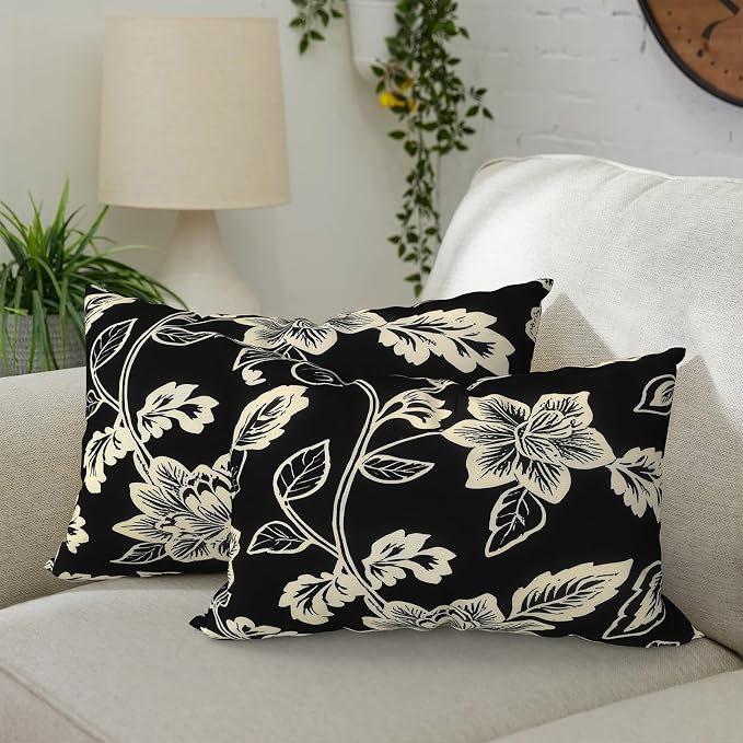 DYTXIII Pack of 2 Outdoor Waterproof Lumbar Pillow Covers ONLY, 12x20 Rectangle Decorative Double Printed Pillow Cases for Patio Couch Porch Furniture - Vines Black