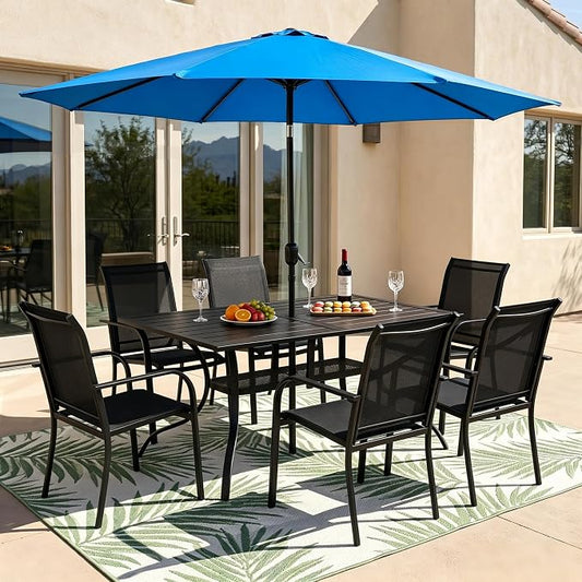 Crownland 7 Piece Patio Dining Set, Outdoor Textilene Dining Sets, 6 Textilene Metal Chairs and Rectangular Outdoor Dining Table with Sky Blue 9FT Round Outdoor Umbrella (Black)