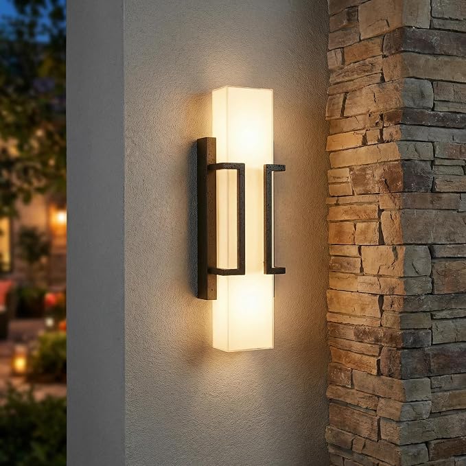 Hyunbae Modern Outdoor Wall Sconce Lights, Black Dimmable LED Porch Light | 16" Exterior Lighting Fixtures, IP65 Wall Mount Waterproof, White Glass Shade, House Garage Patio Use, 3000K Warm Glow