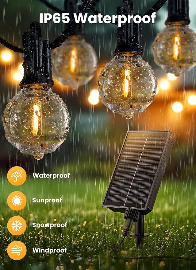 Brightown 58FT 26LED Solar String Lights Outdoor with Remote & USB Port | Shatterproof Bulbs, Dimmable & Timable, 3 Modes, Solar Patio Lights with a Mount Clip for Camping Backyard Garden Decor