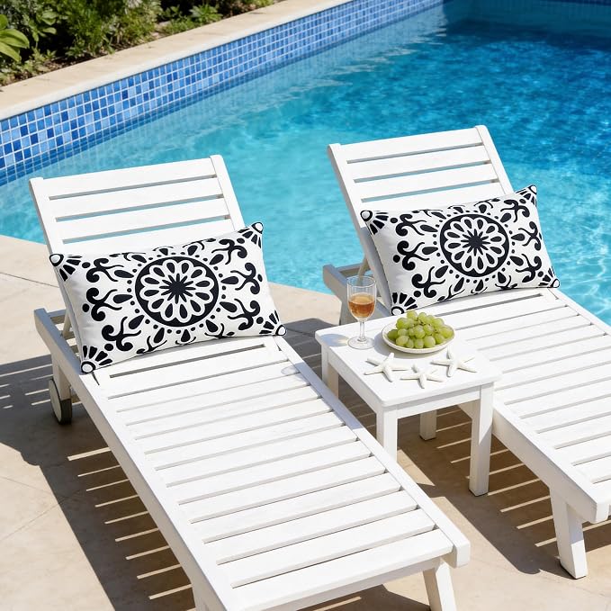 Set of 2 Black Outdoor Waterproof Pillow Covers 12x20 Inch | Morocco Tile Floral Decorative Throw Pillow Cover, Abstract Boho Outdoor Cushion Cases for Patio Funiture Garden Couch Bench