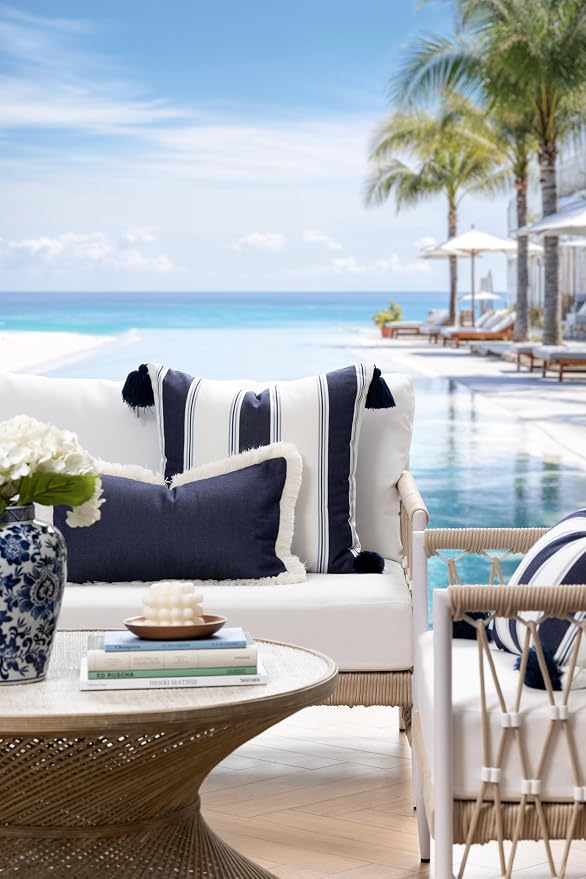 Hofdeco Premium Coastal Hampton Outdoor Performance Lumbar Pillow Cover Only, 12"x20" Water Repellent, UV and Fade Resistant for Backyard, Couch, Poolside, Indigo Blue Woven Solid