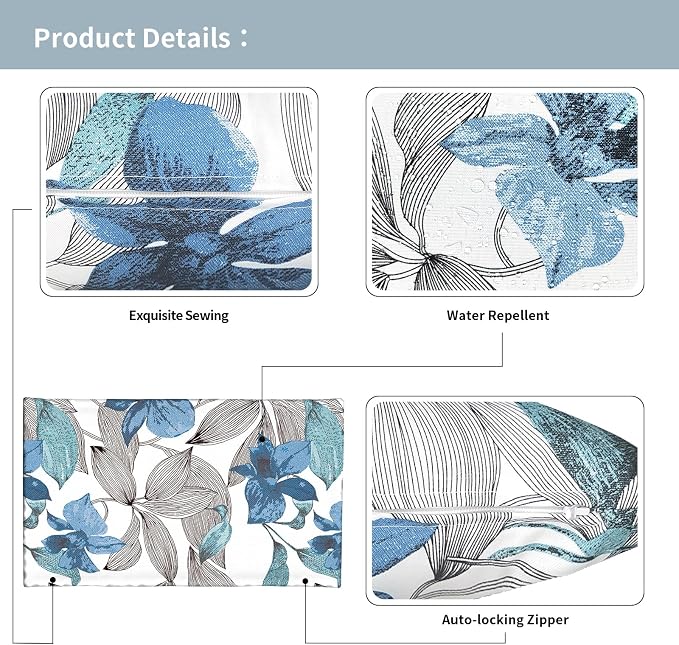 Outdoor Lumbar Pillow Covers 12”x20”, Rectangle Throw Pillow Covers for Patio Furniture, Decorative Lumbar Cushion Case for Garden Balcony Couch Office Chair, Pack of 2, Clemens Noir Blue