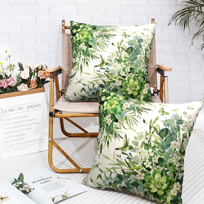 Eucalyptus Throw Pillow Covers 20x20 Watercolor Leaf Pillow Cases Greenery Sage Leaf White Floral Pillow Covers Spring Hummingbird Green Cushion Case for Bedroom Living Room 2Pcs