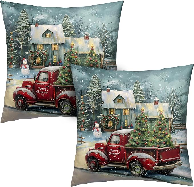 Merry Christmas Pillow Case Red Truck Christmas Pillow Covers 24x24 Set of 2 Xmas Tree Cabin Snowman Cushion Case for Winter Holiday Decorations Couch Bedroom