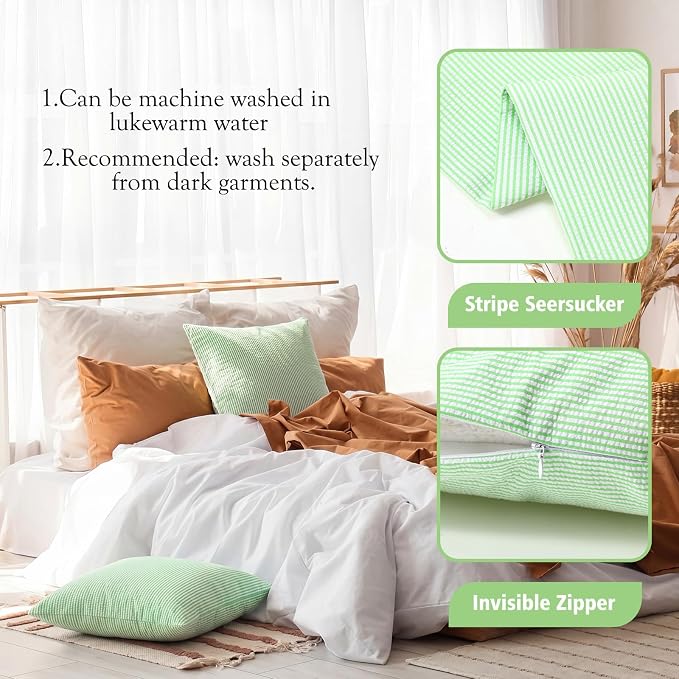 Huhumy Green Throw Pillow Cover 18" x 18" for Home Decoration Striped Modern Style Decorative Cushion Covers No Inserts Seersucker Pillow Cover for Living Room, Chair, Bed, Couch, Set of 4