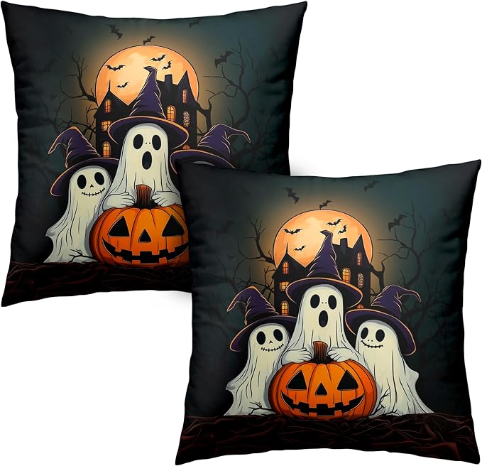 Set of 2 Halloween Pillow Covers 20x20 Ghost Throw Pillow Covers Full Moon Night Castle Bat Pillow Case Jack-O-Lantern Cushion Case for Holiday Party Decor Couch Sofa
