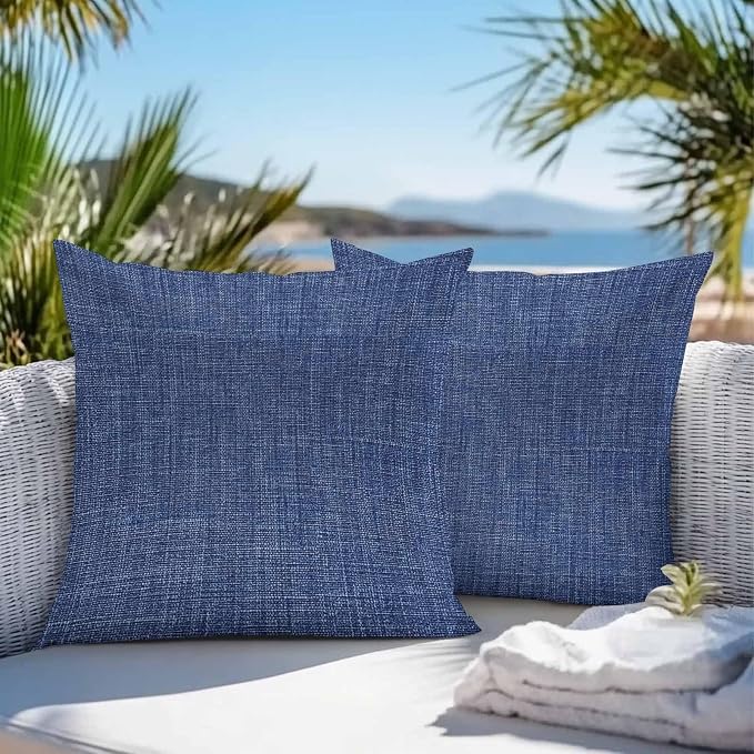 Vandarllin Outdoor Throw Pillows Covers 20x20 inch Set of 2 Waterproof Navy Blue Linen Decorative Zippered Cushion Covers for Patio Furniture, Farmhouse Pure Color Lumbar Pillowcases
