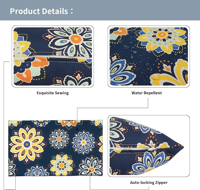 12x20 Inch Lumbae Pillow Covers, Rectangle Waterproof Throw Covers Set of 2, Decorative Patio Furniture Cushion Cases for Porch Garden, Bloom Medallion‌Cobalt
