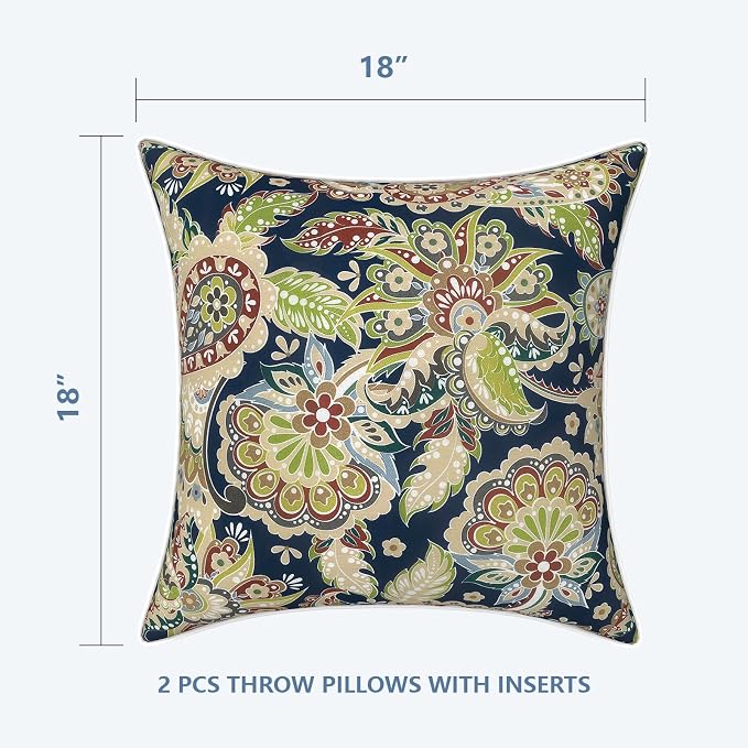 LVTXIII Outdoor Throw Pillows 18x18 Patio Waterproof Square Pillows with Piping Fade Resistant Accent Pillow for Spring Summer Garden Decoration, Set of 2, Paisley Sapphire Blue