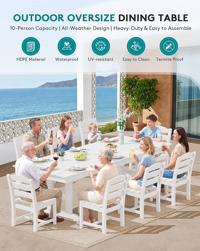 SERWALL Outdoor Armless Dining Chairs Set of 2, All-Weather HDPE Patio Chair with 19.7" Widened Seat, for Backyard, Garden, White