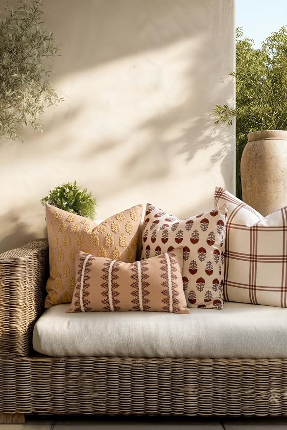 Crumbs Home Modern Farmhouse California Casual Indoor Outdoor Throw Pillow Cover, 20"x20" Water Repellent for Patio, Backyard, Couch, Poolside, Earth Tone Rust Orange Neutral Block Print Flowers