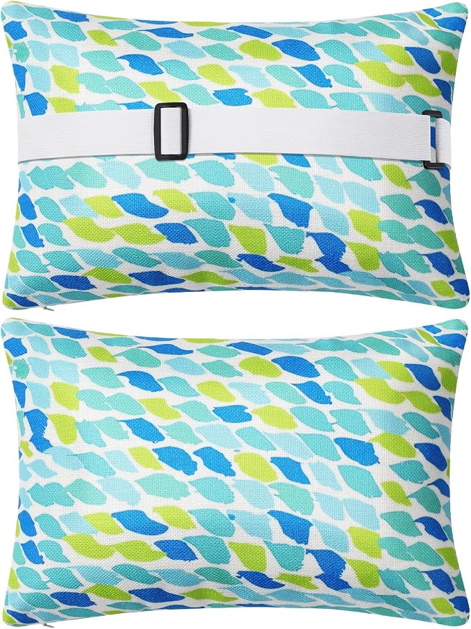 Juexica 2 Pack Chaise Lounge Pillow with Strap Outdoor Waterproof Beach Chair Neck Headrest Pillow Adjustable Elastic Band for Hammock Lumbar Recliner Pillows for Patio Pool Chair(Blue Green Pattern)
