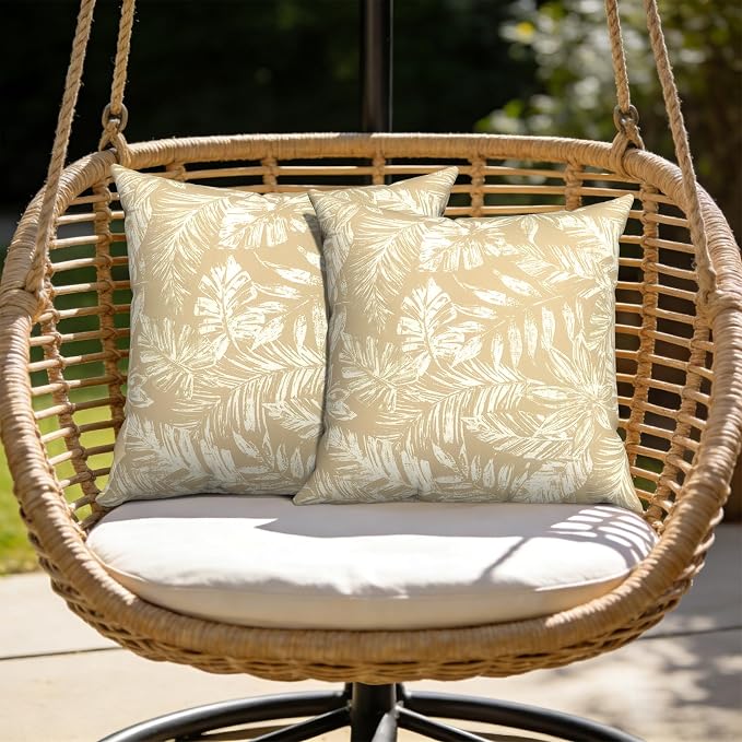 Outdoor Pillows with Insert 20x20 Inch, Waterproof Throw Pillow for Patio Furniture, Decorative Back Cushion for Garden Home Sofa Office Chair, Set of 2, Tropical Leaf Oat