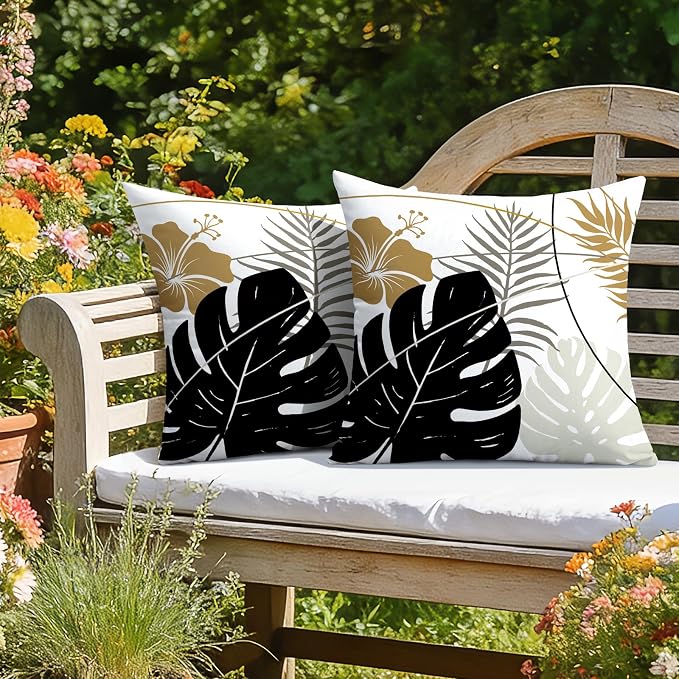 OTOSTAR Outdoor Waterproof Throw Pillow Covers 18x18 Inch Set of 2 Double-Sided Black Brown Grey Tropical Leaf and Flower Spring Summer Decorative Pillow Cases for Patio Funiture Garden Balcony Couch