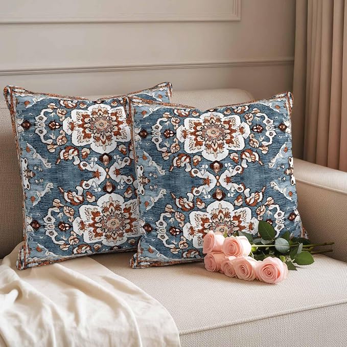 Blue Bohemian Waterproof Outdoor Pillow Covers Set of 2 Home Decor, Retro Pattern Oriental Farmhouse Ethnic Pillowcase Patio Pillow Covers for Couch Bench Furniture Garden 26x26in