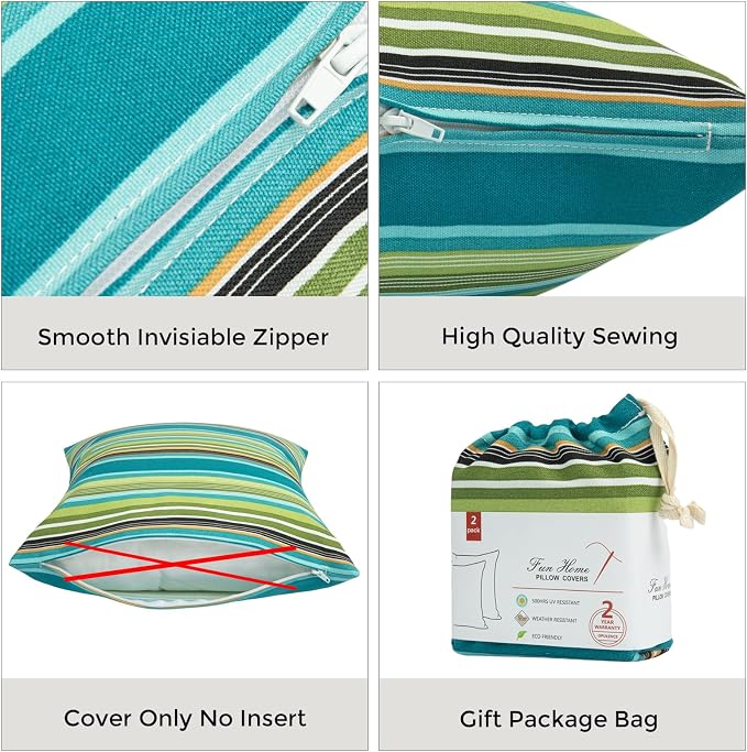 Waterproof Outdoor Throw Pillow Covers Set of 2,Home Decor for Garden Patio Furniture,Couch,Sofa 18 x18 Inch Decorative Pillows Cover Only,NO Insert(Green Stripe)