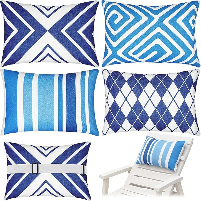 Juexica 4 Pack Chaise Lounge Headrest Pillow, Decorative Outdoor Patio Neck Headrest Pillow, Adjustable Elastic Strap & Insert, Waterproof for Pool Recliner Hammock Beach Chair(Blue & White, Stylish)