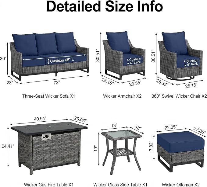 9 Piece Patio Furniture Set with 6" Thick Cushions, Weather-Resistant Wicker Swivel Rocker High Back Chairs and Fire Pit Table for Porch Yard Deck