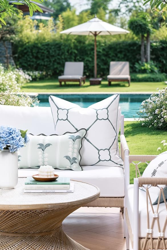 Hofdeco Premium Coastal Hampton Patio Indoor Outdoor Lumbar Pillow Cover Only, 12"x20" Water Repellent for Backyard, Couch, Poolside, Pale Forest Green Print Watercolor Striped Lily of the Valley