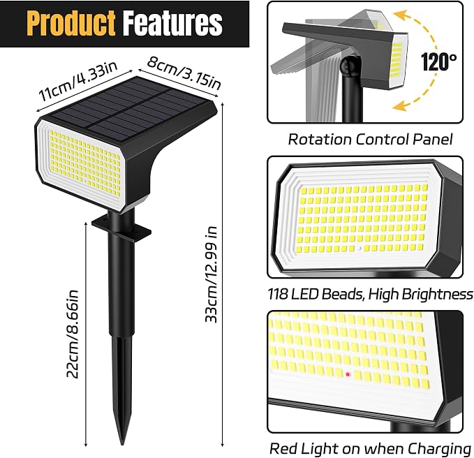 Solar Spot Lights Outdoor Waterproof, 10 Pack, 118 LED Cool White | IP67, 4 Modes Auto On/Off, for Yard Garden Pathway Walkway Tree Patio Driveway