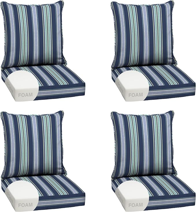 Arden Outdoor Deep Seat Cushion Set, Foam, 4-Pack, 24x24, Blue Stripe | Sofa, Couch, Conversation Set, Premium High-Density Foam, Never Flattens, Mold and Mildew Resistant