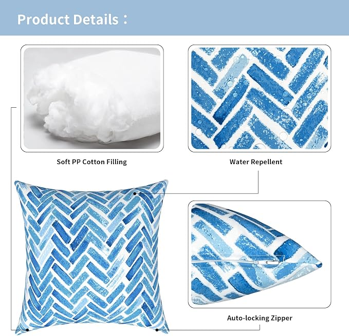 Outdoor Pillows for Patio Furniture 18x18 inch, Square Outdoor Throw Pillows with Inserts, Decorative Toss Pillows for Garden Couch Home Sofa Office Chair, Pack of 2, Blue Bricks
