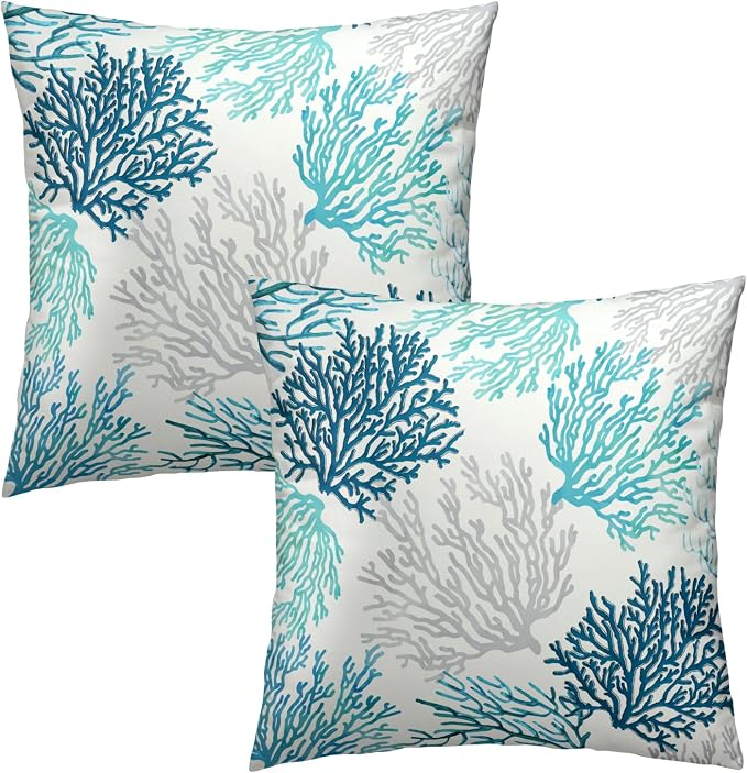 Blue Teal Coral Pillow Covers Set of 2, 16x16 Inch Summer Marine Cotton Ocean Themed Square Pillow Case Soft Cushion Cover for Couch Sofa Living Room