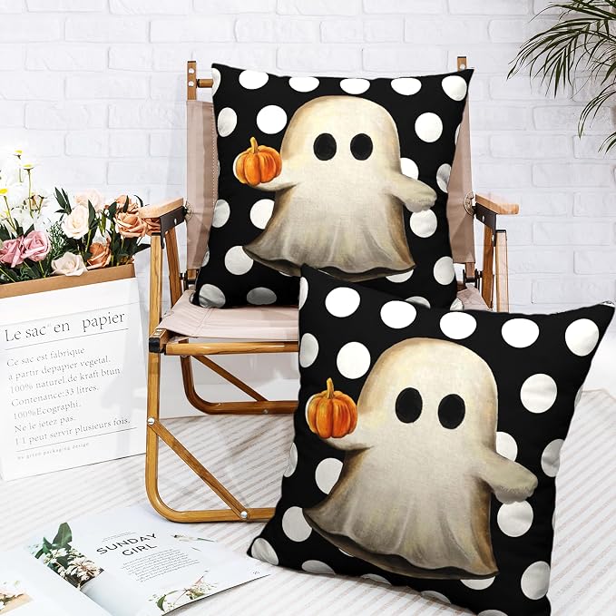 Ghost Pillow Covers Halloween Decorative Pillow Covers 18x18 Set of 2 Gus Ghost and Pumpkin Pillow Case White Polka Dot Spooky Throw Pillow Covers for Home Sofa Outdoor Decoration