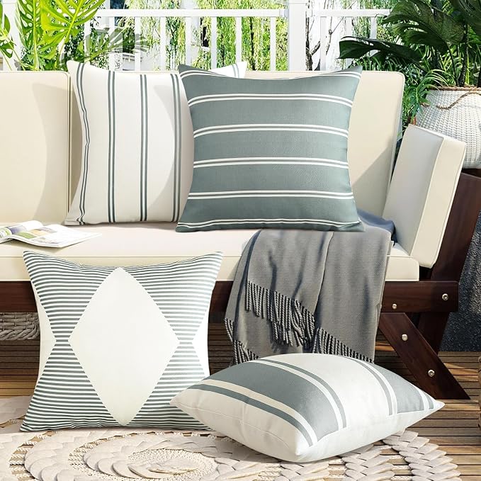 OTOSTAR Decorative Outdoor Throw Pillow Covers 16x16 Inch Waterproof Geometry Pillow Cover Garden Cushion Case Patio Outdoor Pillows Shell for Couch Indoor Tent Park Furniture Balcony Set of 4 (Grey)