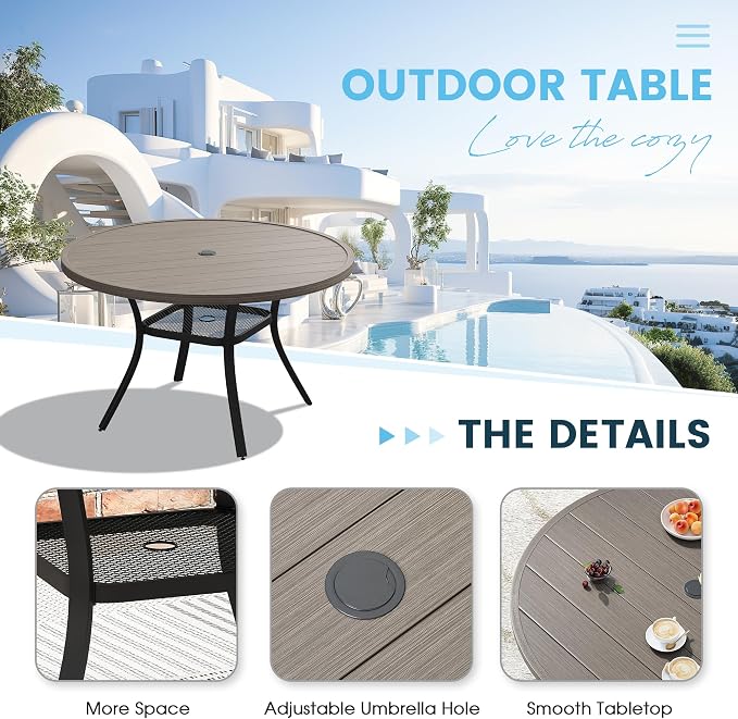 Patio Dining Table for 4-6, Round Metal Outdoor Table with 1.57" Umbrella Hole, 47" Outdoor Slat Tabletop Dining Table for Backyard, Porch, Lawn, Grey