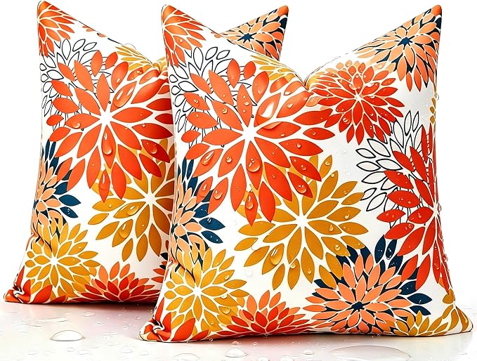 Set of 2 Dahlia Waterproof Throw Pillow Covers Outdoor Decorative Flowers Cushion Covers 18×18 Inch Spring Summer Pillowcases with Invisible Zipper for Couch Bench Garden Patio Funiture