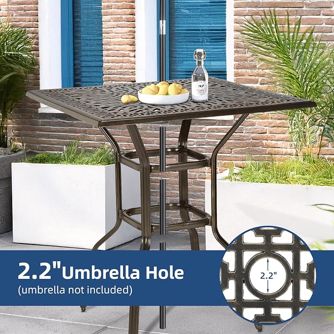 Outdoor Cast Aluminum Bar Table, 35.4" Patio Bar Height Table with 2.2" Umbrella Hole, All Weather High Top Bistro Square Dining Table for Outside Deck Porch Balcony Poolside, Dark Bronze