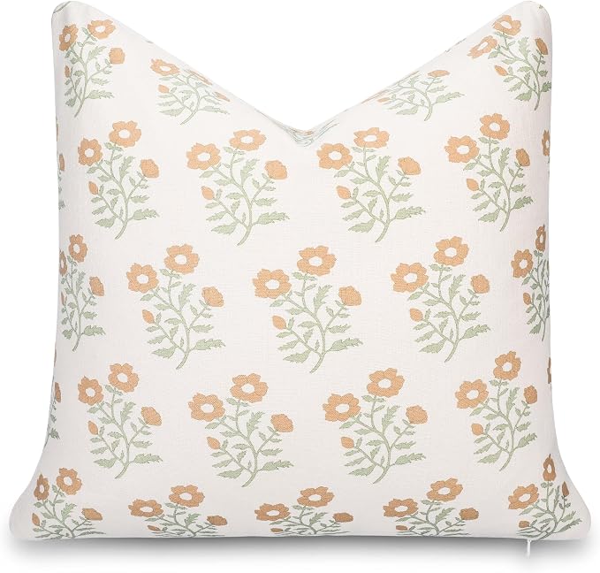 Modern Farmhouse California Casual Indoor Outdoor Throw Pillow Cover, 20"x20" Water Repellent for Patio, Backyard, Couch, Poolside, Ivory Cream Tan Green Print Block Painting Flowers